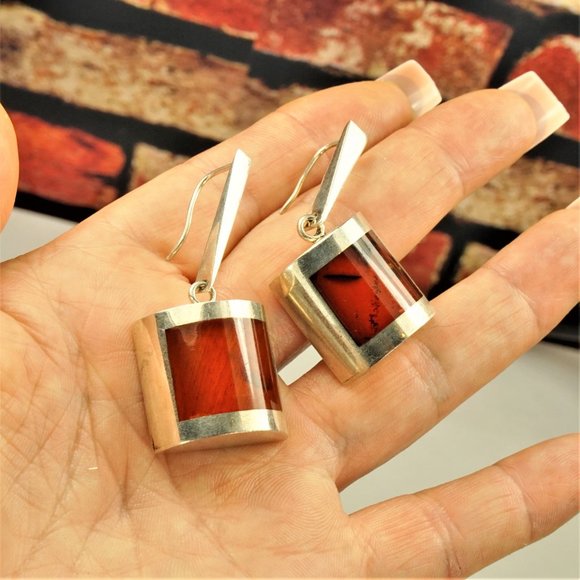 UNIQUE MODERNIST BIG AMBER STERLING DANGLE EARRINGS, GIFT FOR WOMEN - Picture 8 of 11